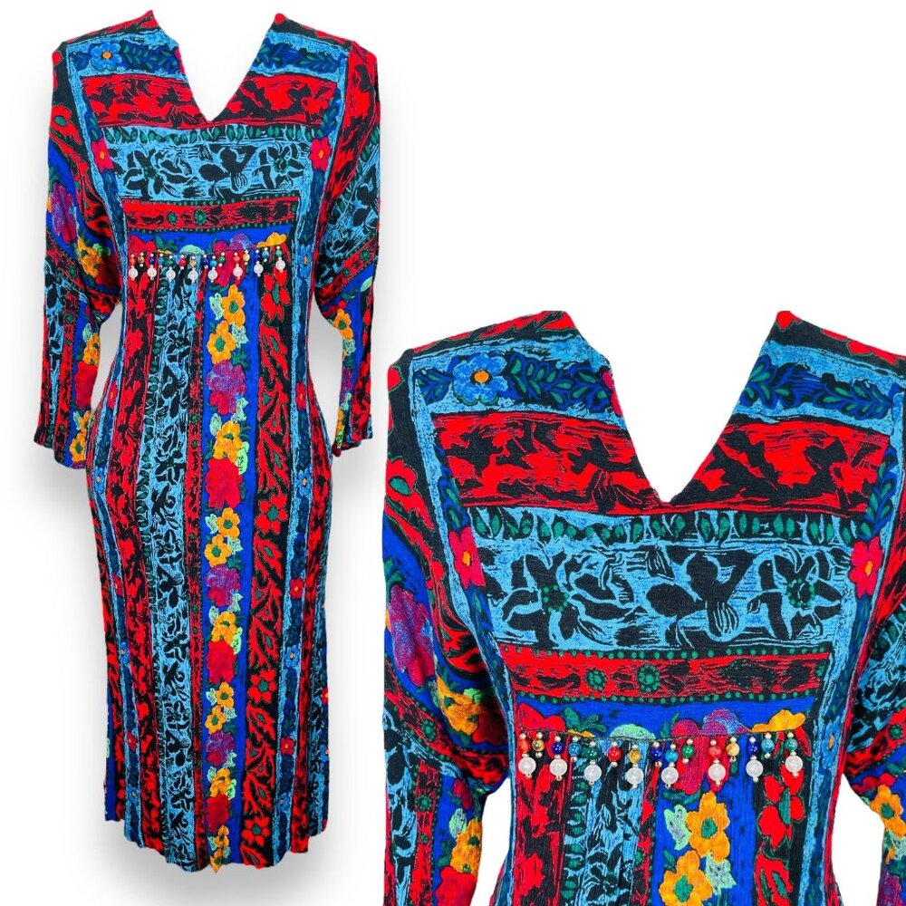 Vintage Kathleen Usherwood Periphery Tropical Boho POCKETS Dress Small / S
